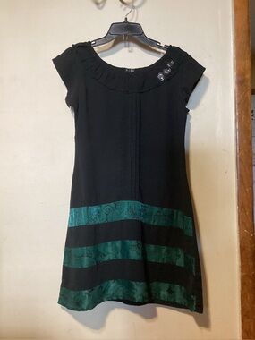 Black Silky Little Black Dress with Green Tribal Stripes & Buttons. Jr. size L